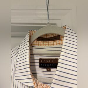 Robert Talbott White & Blue Pinstripe Dress Shirt w/ Orange Contrast Trim — L